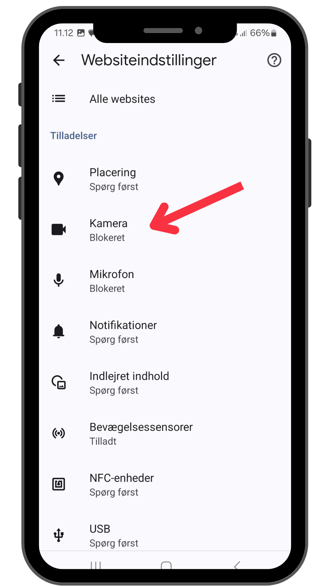 Websiteindstillinger på mobil med kamera blokeret. Cosmo Laser København beskytter dit privatliv.
