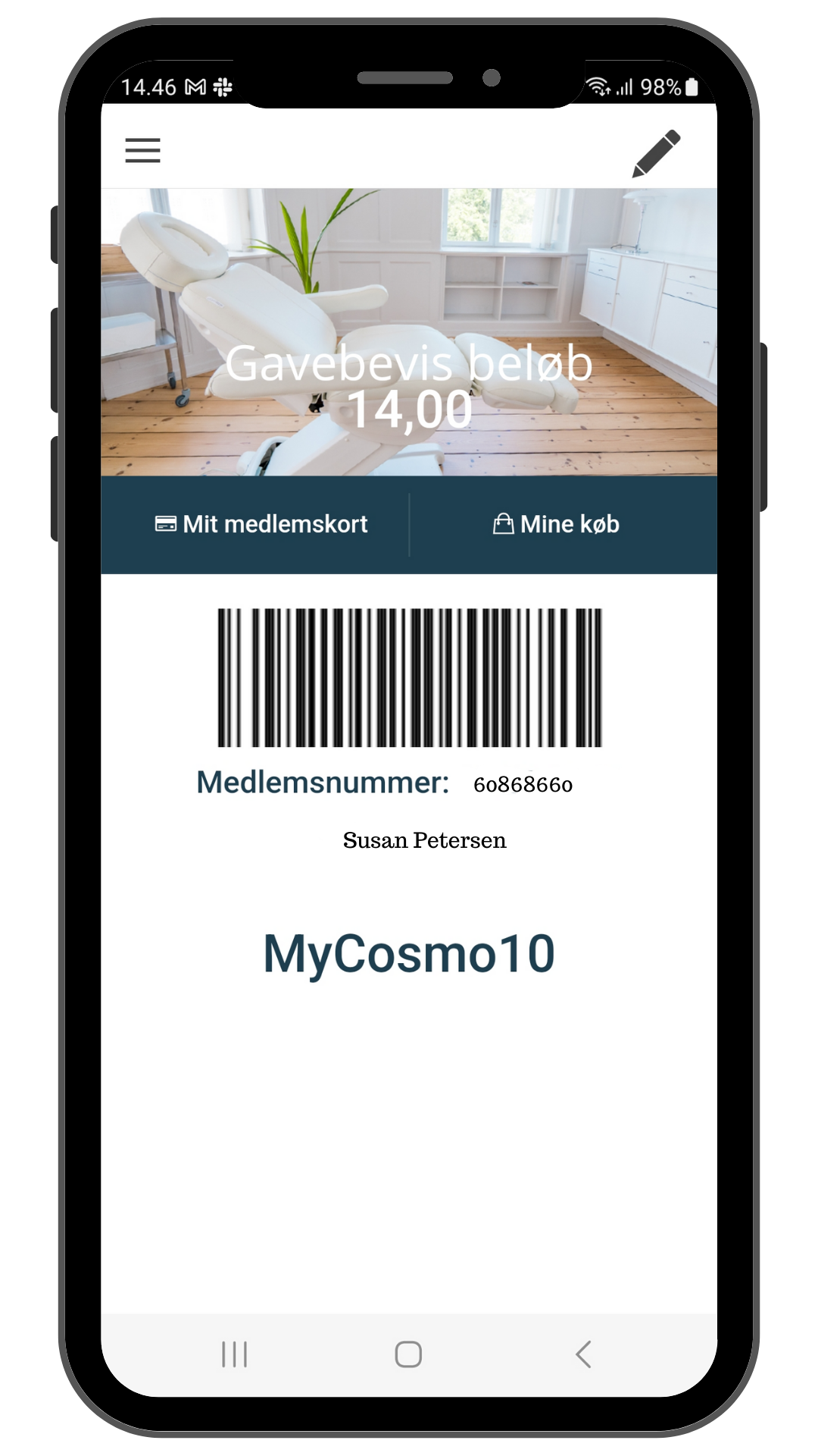 Cosmo Laser gavebevis på 14,00 kr. til laserbehandlinger. Medlemskort vist på mobil.