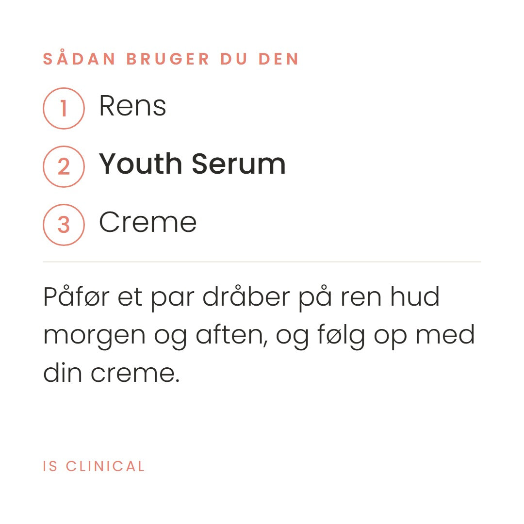 Sådan bruger du Youth Serum (30 ml) fra iS Clinical. Påfør et par dråber på ren hud morgen og aften, og følg op med din creme.